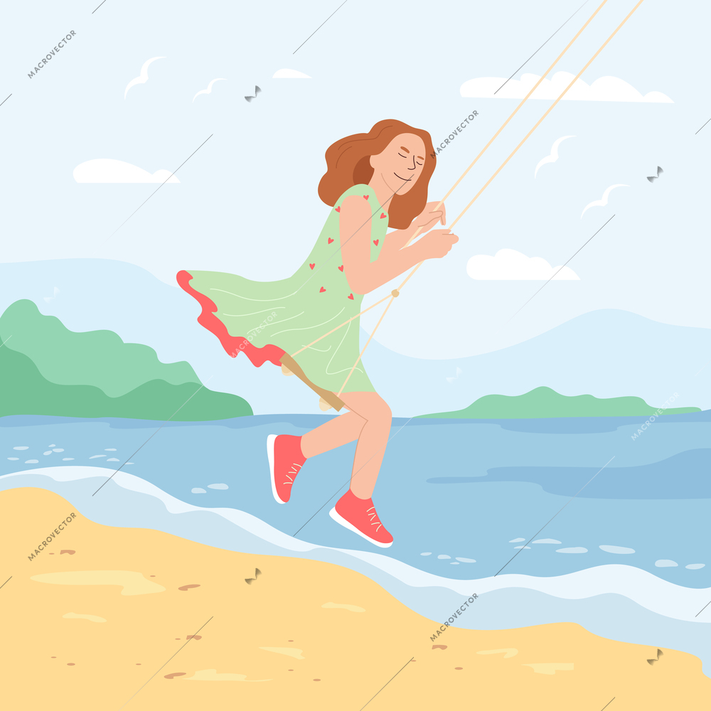 Girl wearing summer dress swinging on swing on beach flat vector illustration