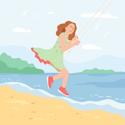 Girl wearing summer dress swinging on swing on beach flat vector illustration