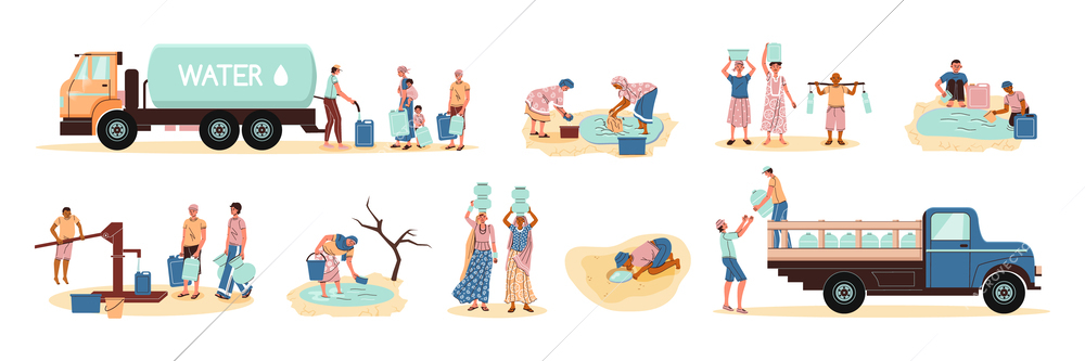 Water scarcity flat set of volunteers distributing humanitarian help to people needy in clean  water isolated vector illustration