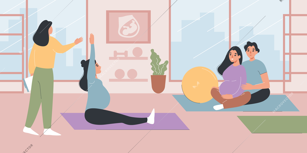 Pregnant courses background with yoga symbols flat vector illustration