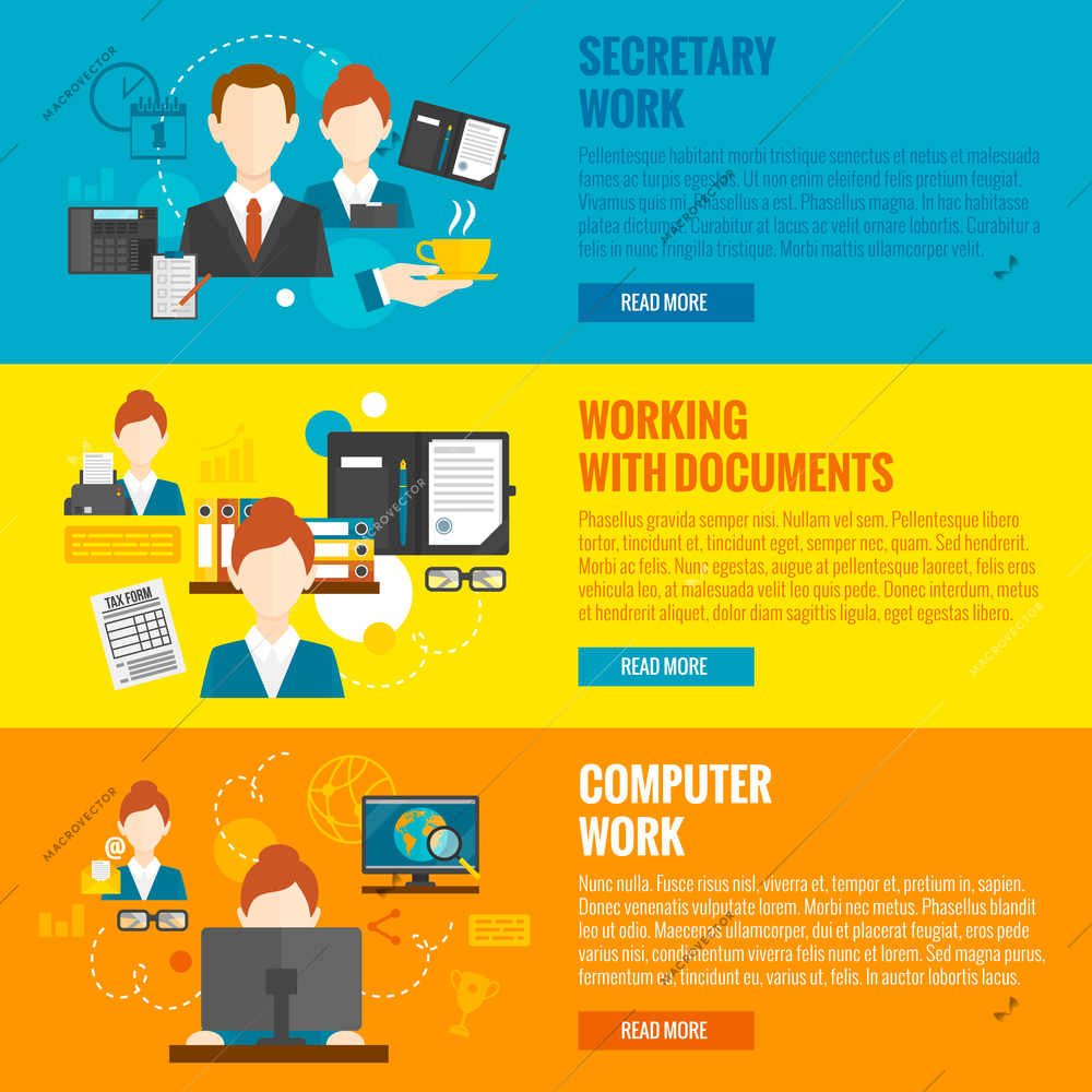 Personal assistant horizontal banner set with secretary work elements isolated vector illustration