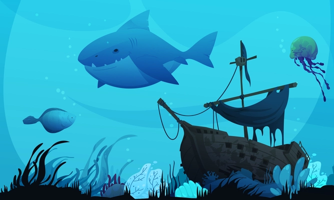 Underwater cartoon poster with sunken ship and shark vector illustration