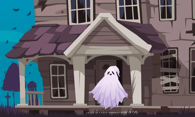 Ghost cartoon concept with spooky creature and old abandoned house behind vector illustration