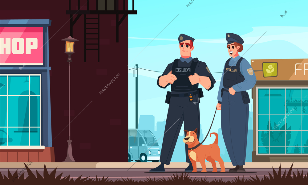 Police cartoon scene with male and female officers and tracker dog vector illustration