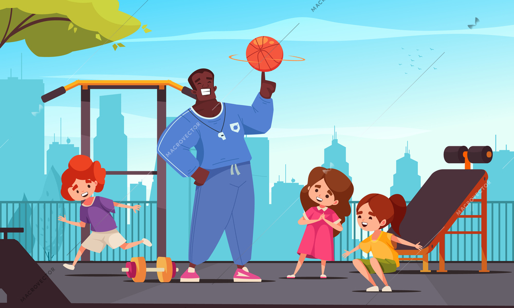 School teacher cartoon scene with black man holding basketball ball and kids on playground vector illustration