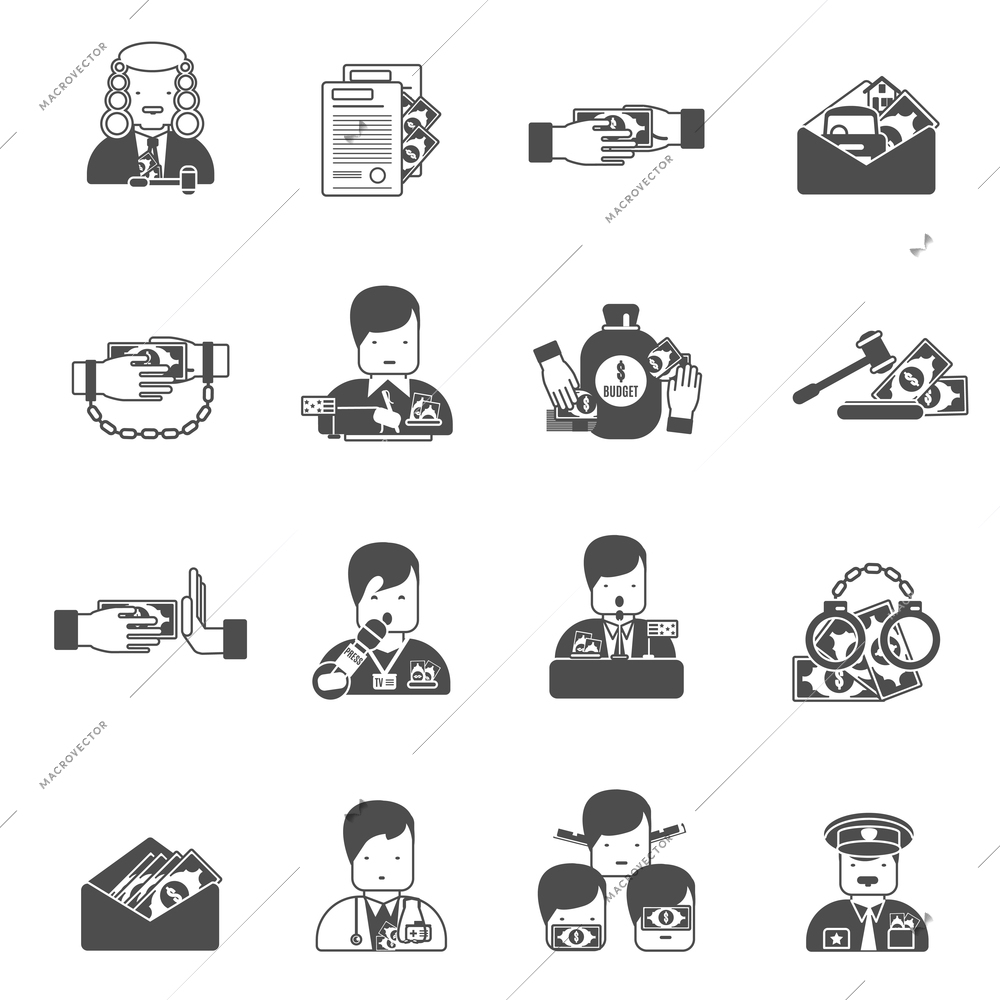 Corruption black icons set with bribe prison budget isolated vector illustration