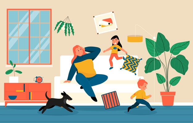 Stressed parenting flat concept with tired mum and children making mess in living room vector illustration