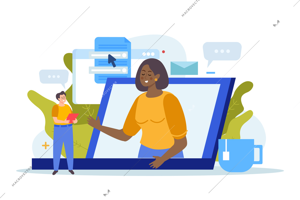 Negotiations concept flat composition with characters of coworkers having conversation online with laptop and document icons vector illustration