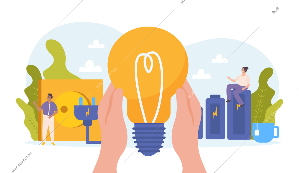Economy of energy flat composition with human hands holding lamp bulb icons of batteries power socket vector illustration