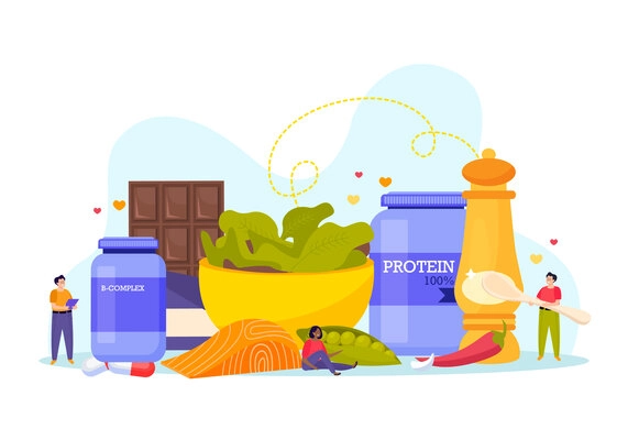 Sport nutrition flat composition on blank background with small people chocolate salad fish and protein cans vector illustration