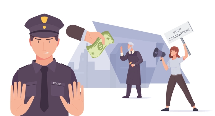 Anti corruption stop flat composition with human characters of judge police officer and protester holding placard vector illustration