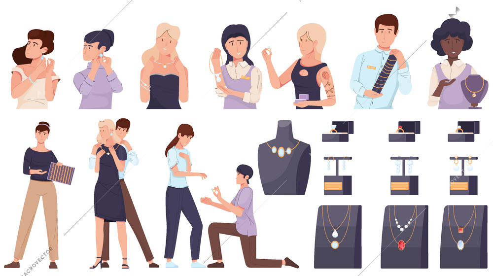 Jewery shop set with isolated icons flat images of jewels and doodle human characters of clients vector illustration