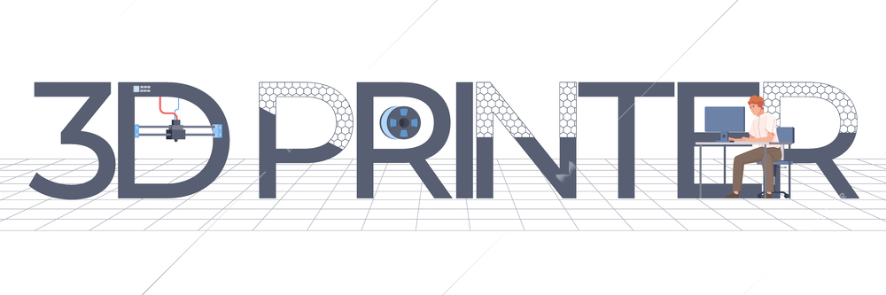3d printing composition of flat text wireframe background cells and human character of operator at computer vector illustration