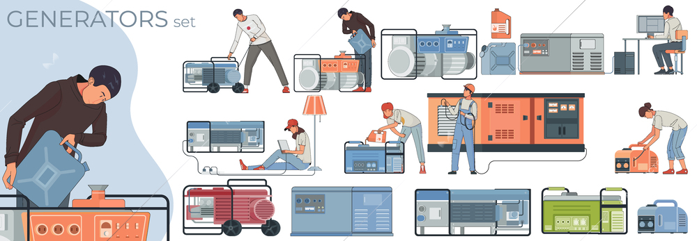 Electric generator set with flat isolated compositions of civil people and technicians connecting and charging devices vector illustration