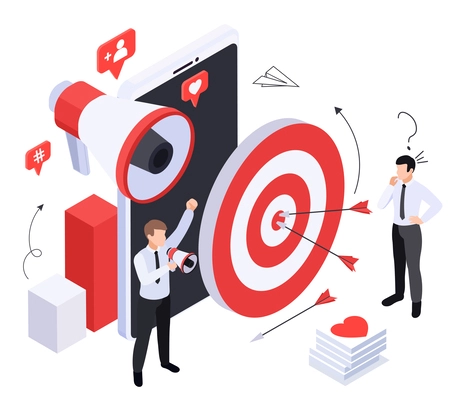 Business growth strategy isometric composition with megaphone and target icons with social reactions and human characters vector illustration