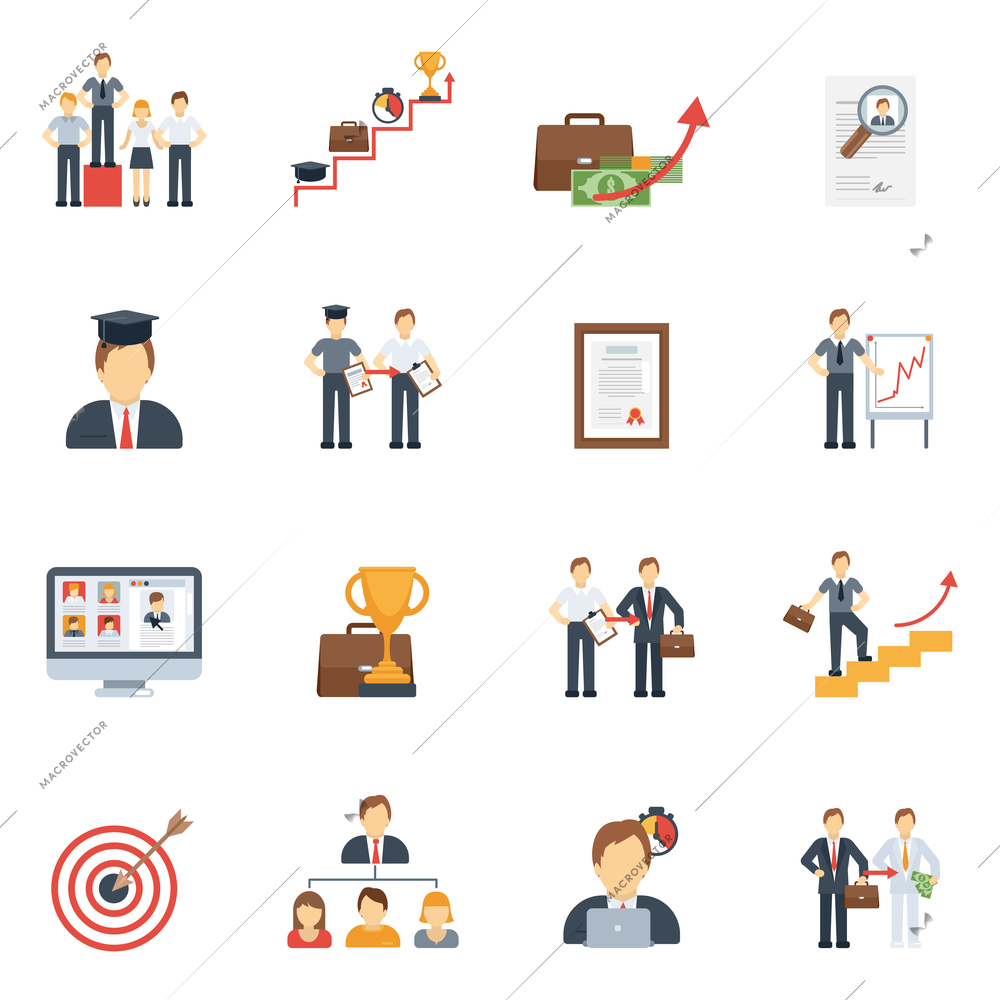 Business career success ladder achievement icons flat set isolated vector illustration