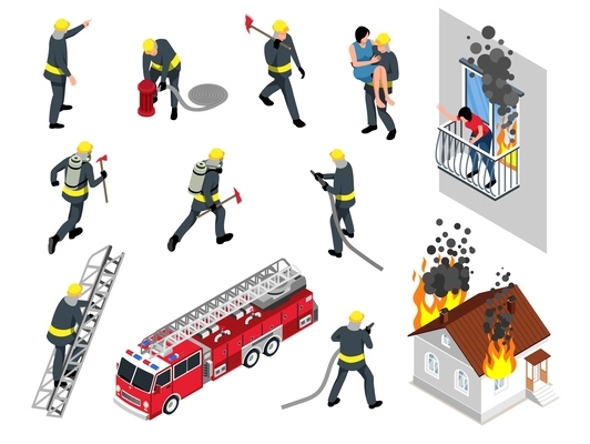 Isometric firefighter icon set various figures of firemen fire truck burning house vector illustration