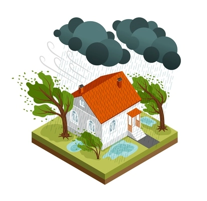 Isometric isolated storm weather composition large house is surrounded by high winds and rain vector illustration