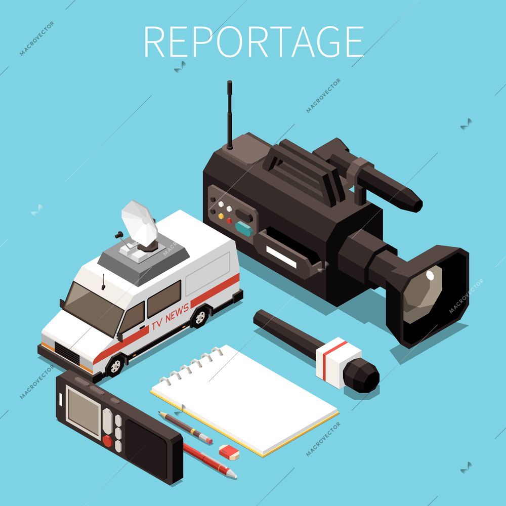 News media isometric concept set with journalist and reporters job instruments vector illustration