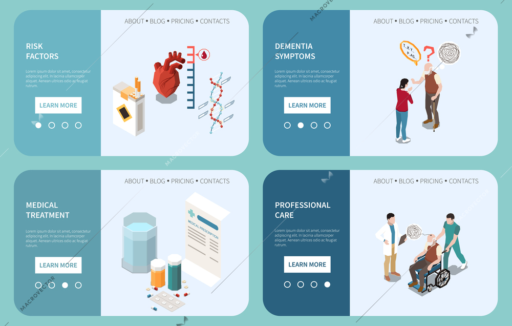 Dementia and Alzheimer disease isometric banner set with medical treatment of sick people and professional care isolated vector illustration