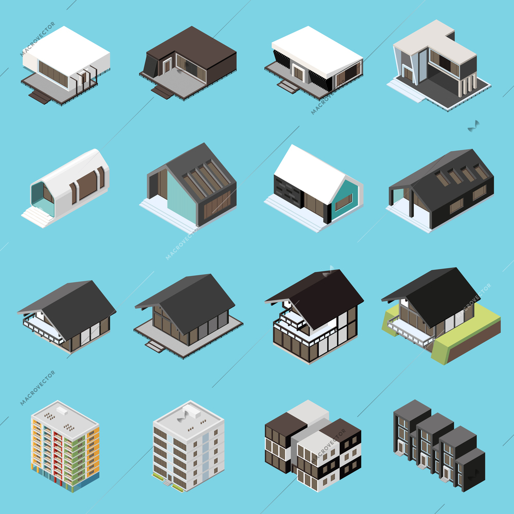 Modular frame building isometric icons set with mobile house constructions isolated vector illustration