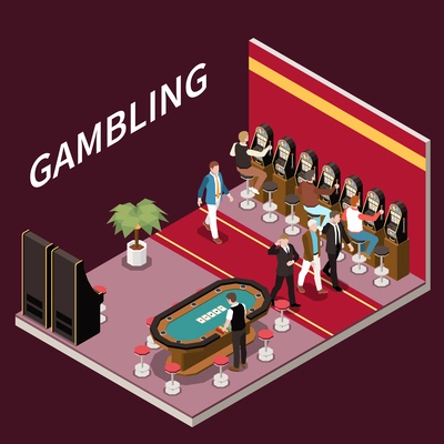 Casino gambling isometric concept with poker table and slot machines vector illustration