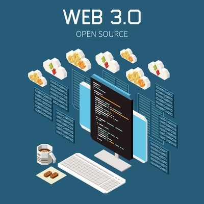 Web 3.0 technology isometric concept with open source symbols vector illustration