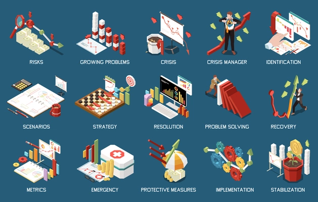 Crisis management isometric icons set with problem solving symbols isolated vector illustration