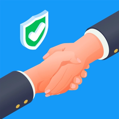 Business contract agreement isometric concept with handshaking on blue background 3d vector illustration