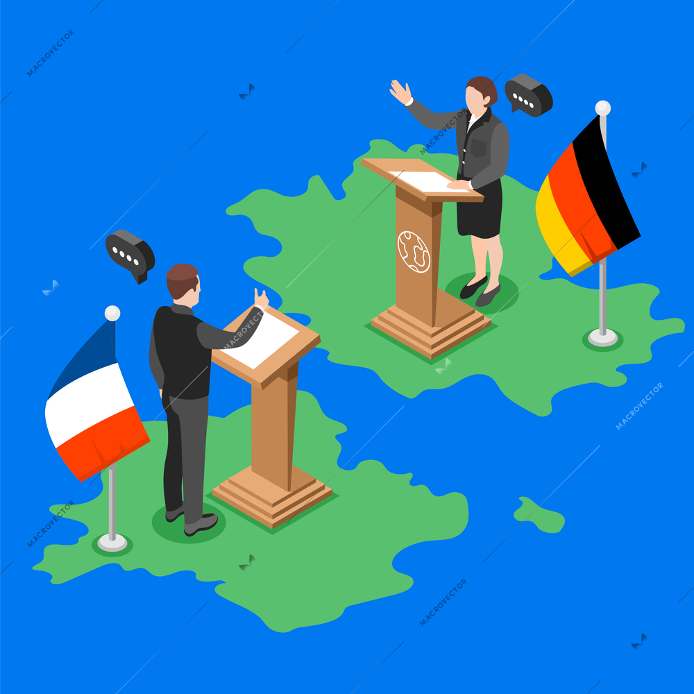 Diplomacy and diplomat isometric and colored concept the representative of france negotiates with the representative of germany vector illustration