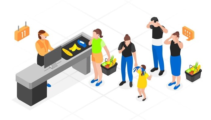 Isometric queue composition queue of different people at the cash register of the grocery store vector illustration