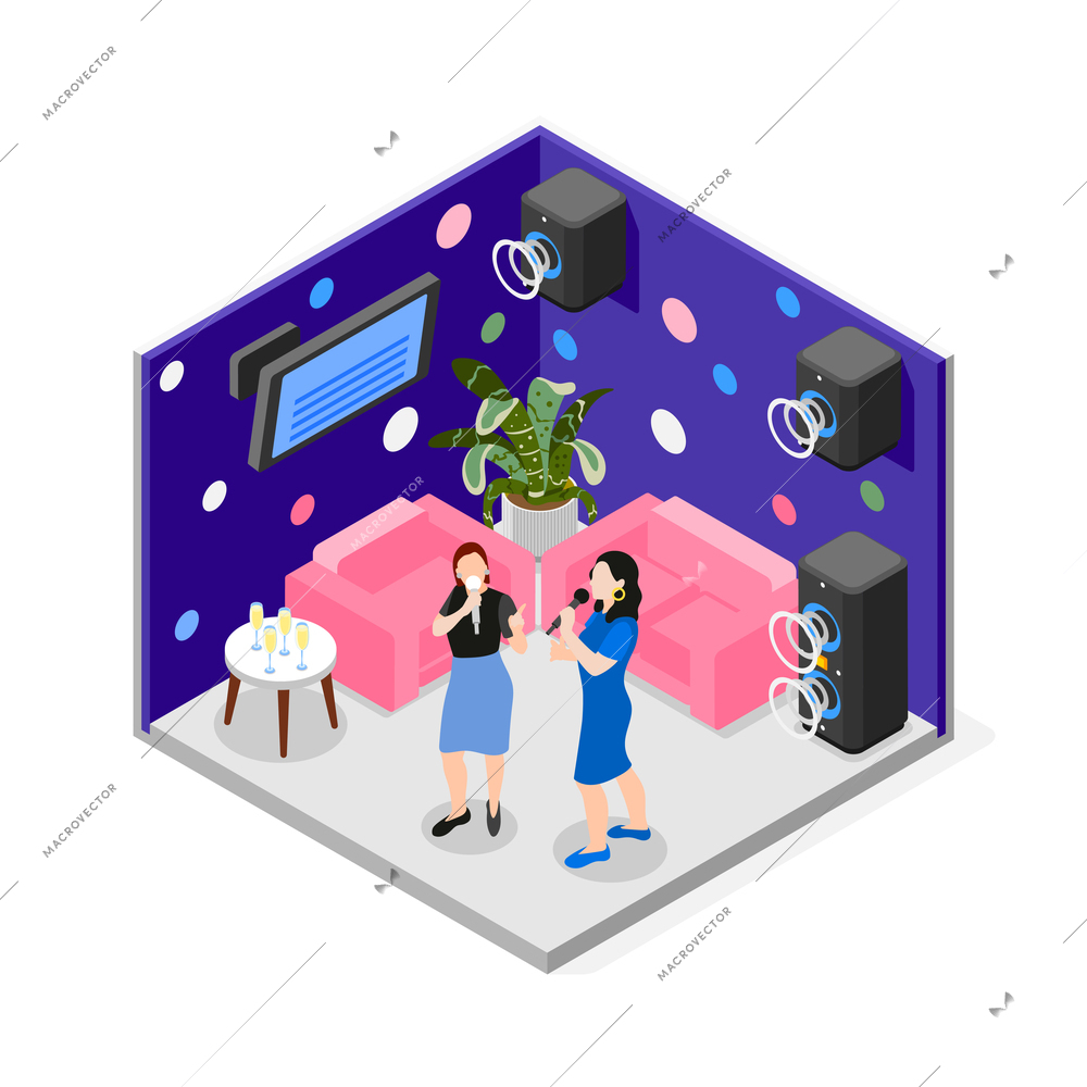 Isometric colored female friends composition two friends at a party singing karaoke vector illustration