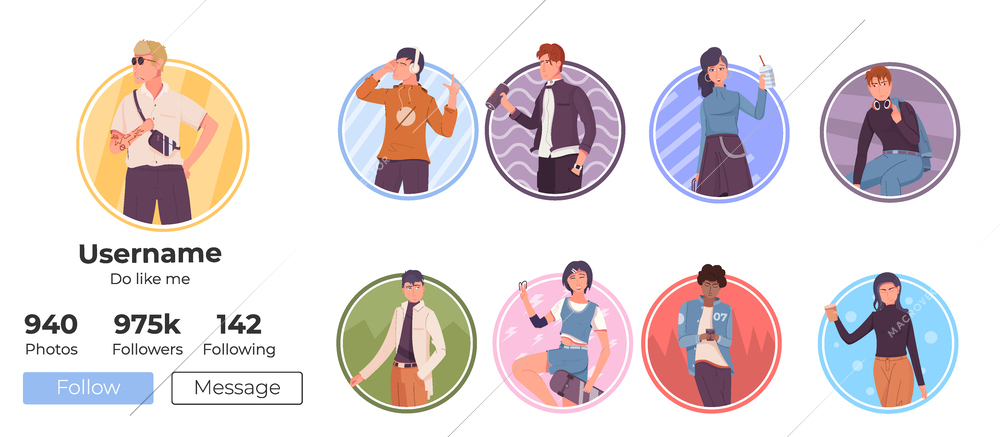People lifestyle flat set of social media avatars with young stylish men and woman isolated vector illustration