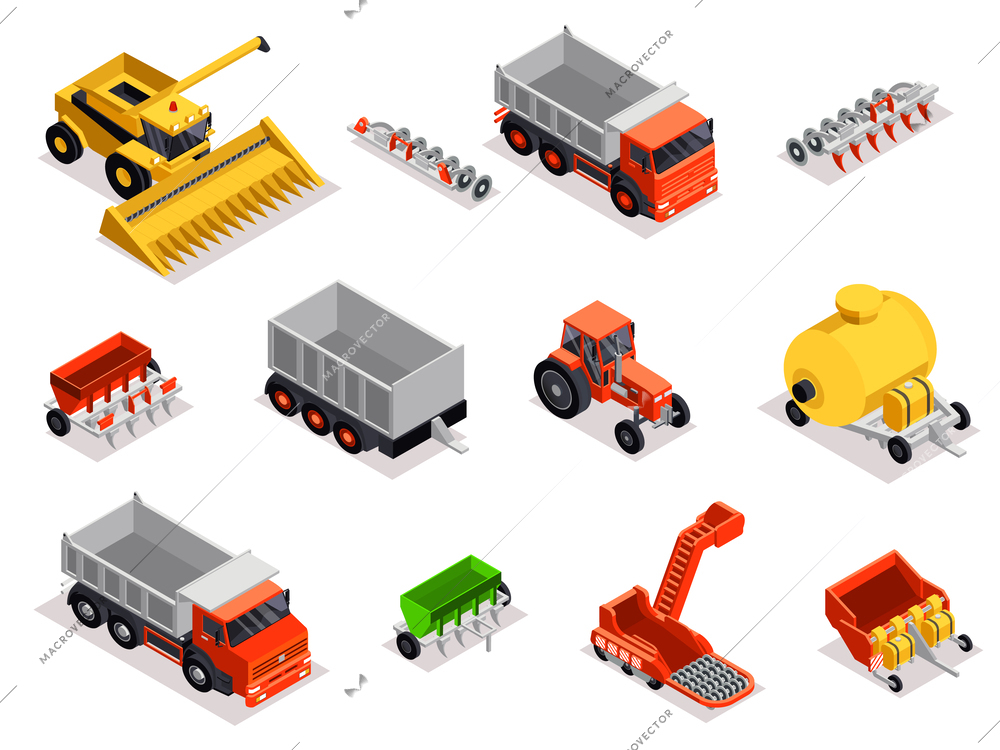 Agrarian technics machines isomeric set with isolated parts of combine harvesters trucks loaders bulldozer and tractor vector illustration