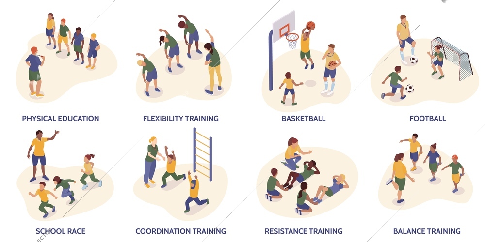 Set of isolated pe lesson compositions with editable text captions and isometric characters of children trainers vector illustration