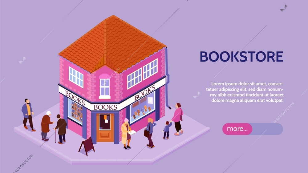 Isometric books shop horizontal banner with bookstore and more button on lilac background vector illustration