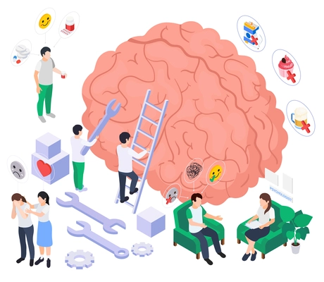 Mental health wellness composition with isometric icons of human organ gear tools emotional reactions and people vector illustration