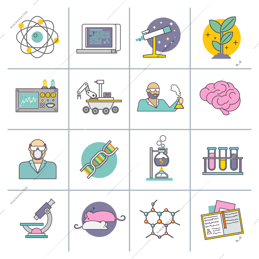 Science experiment and research equipment flat line icons set isolated vector illustration