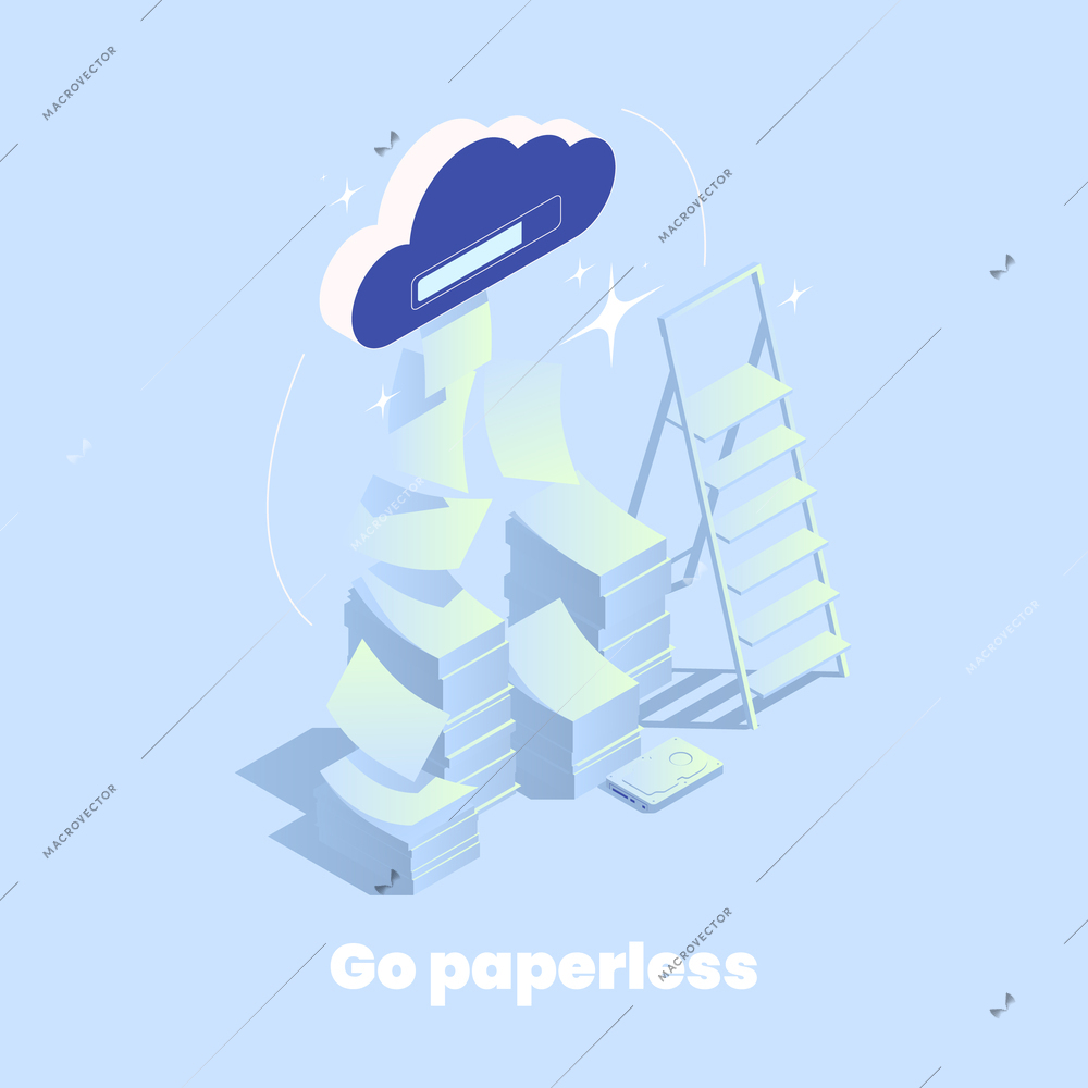 Isometric go paperless concept with cloud file storage and stacks of papers 3d vector illustration