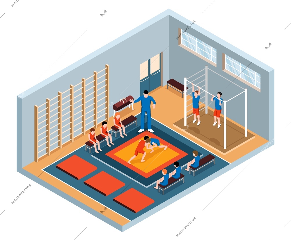 School physical education lesson in gym with male teacher and students practising martial arts and doing exercises 3d isometric vector illustration