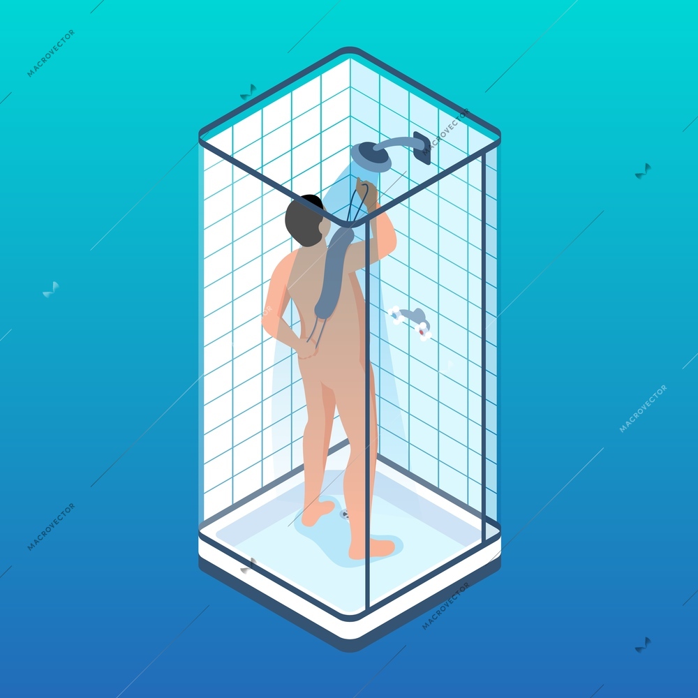 Isometric bathroom personal hygiene procedure concept with man taking shower on gradient background vector illustration