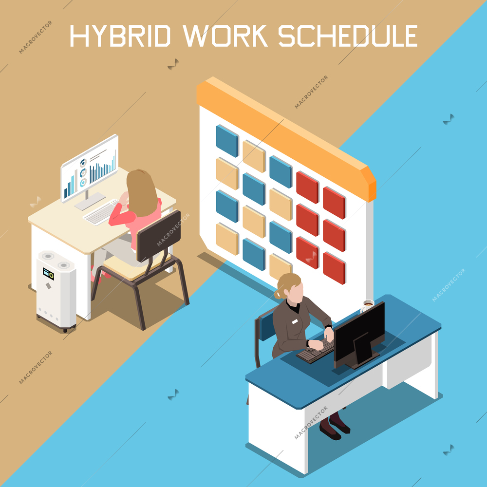 Isometric hybrid work flexible schedule concept with two employees working on computers and calendar 3d vector illustration