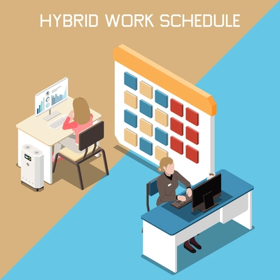 Isometric hybrid work flexible schedule concept with two employees working on computers and calendar 3d vector illustration