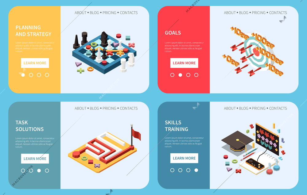 Isometric business gamification horizontal banners set with planning strategy tasks goals skills training isolated vector illustration