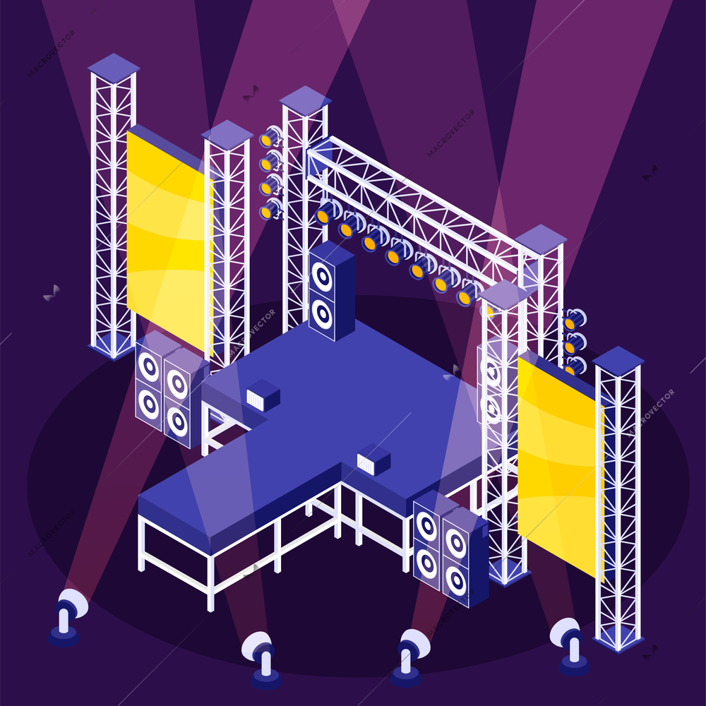 Rock star concept with metal festival stage symbols isometric vector illustration