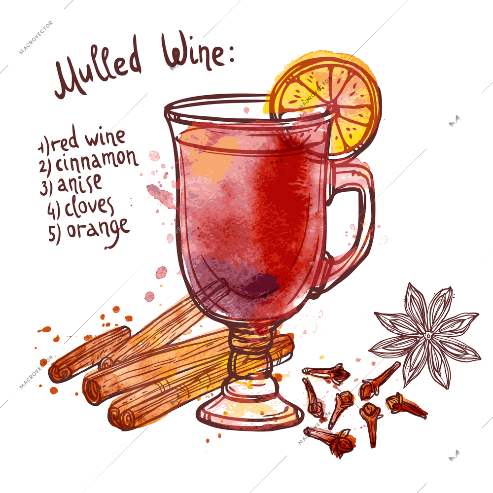 Mulled wine set with glass of drink and hand drawn ingredients vector illustration