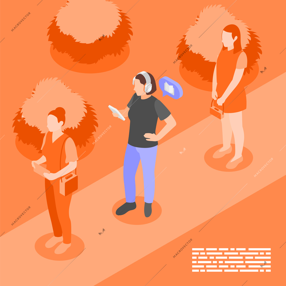 Audio books isometric background composition with orange view of girl on street with smartphone wearing headphones vector illustration