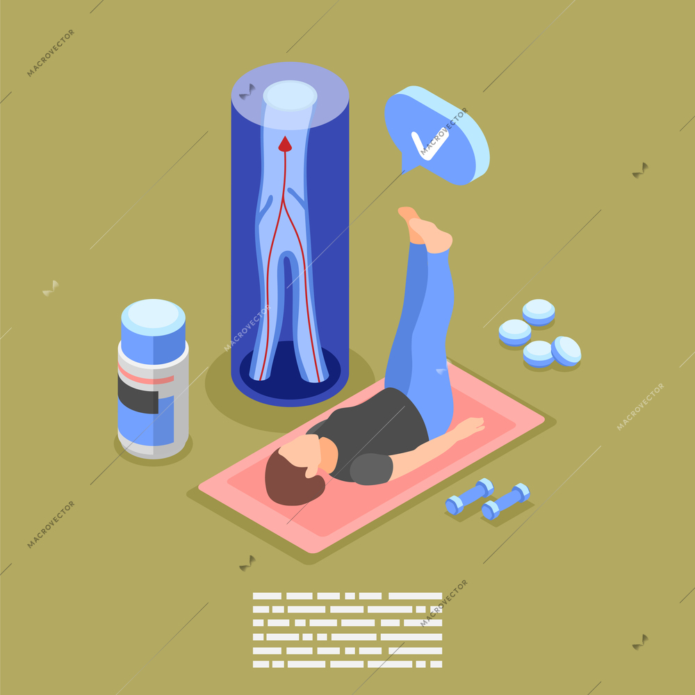 Varicose isometric background composition with faceless character of practicing person with dumbbells vein structure and pills vector illustration