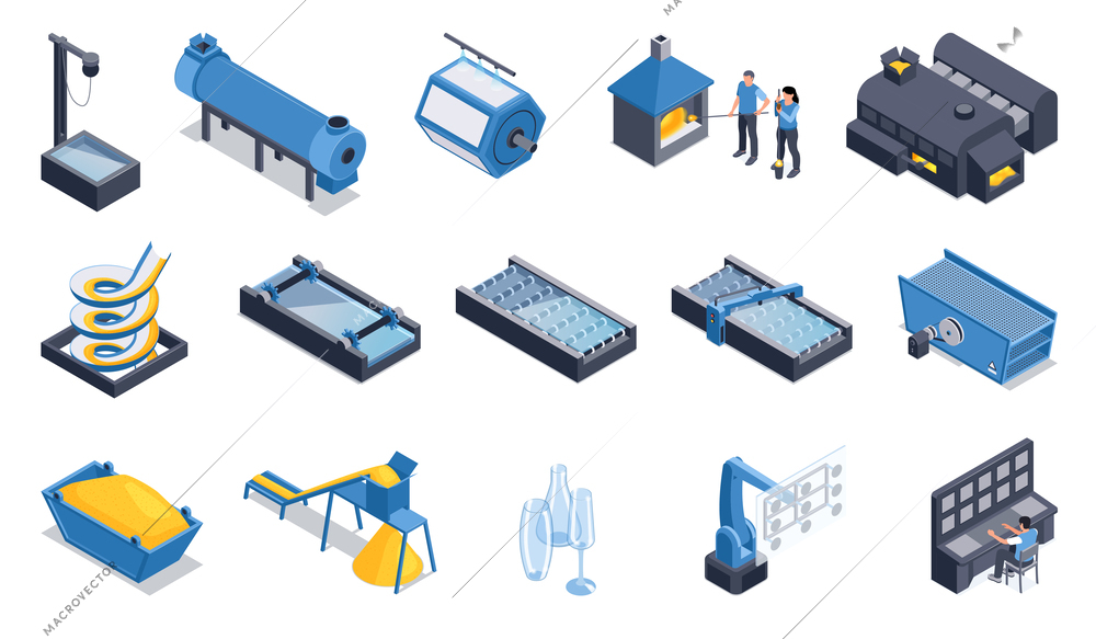 Glass production isometric color set of equipment for fine cleaning sand filtration and washing wacuum lift isolated vector illustration