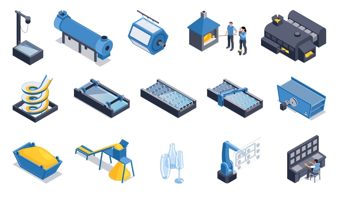 Glass production isometric color set of equipment for fine cleaning sand filtration and washing wacuum lift isolated vector illustration